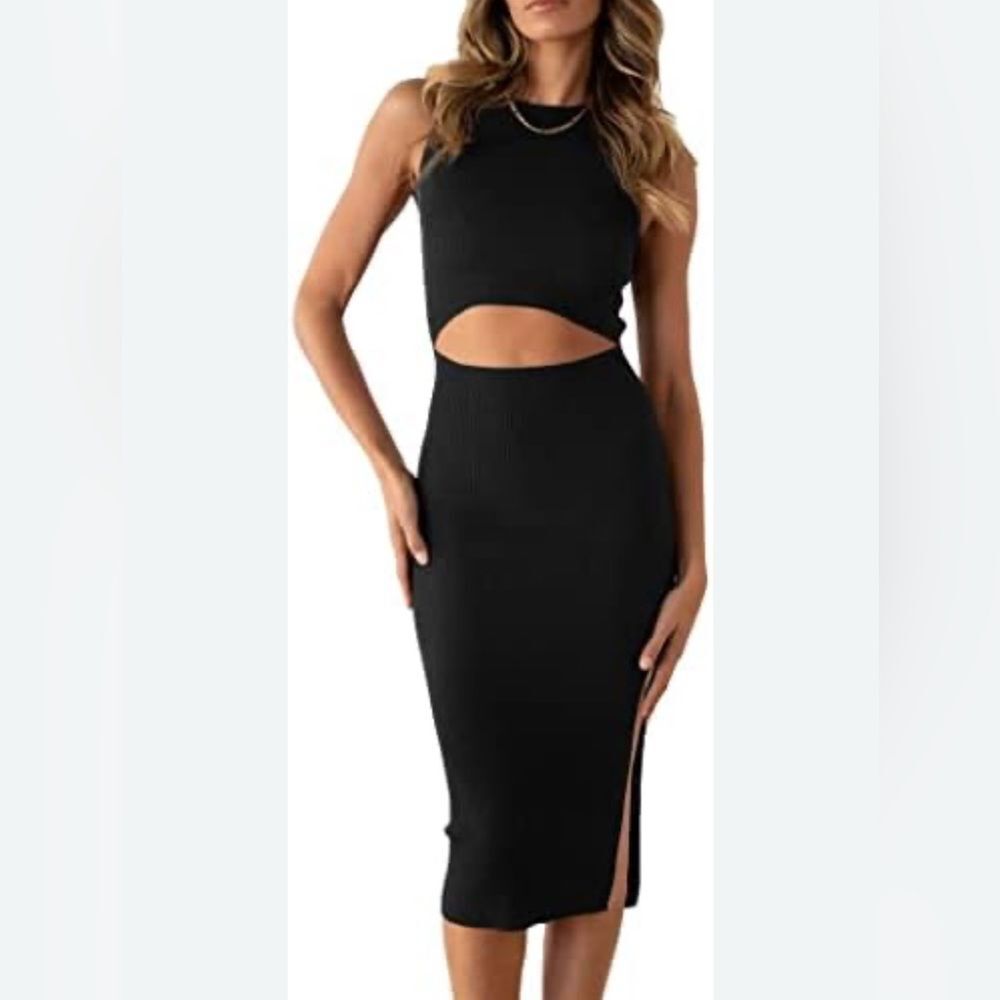 PrettyGarden black bodycon cutout ribbed midi dress size small